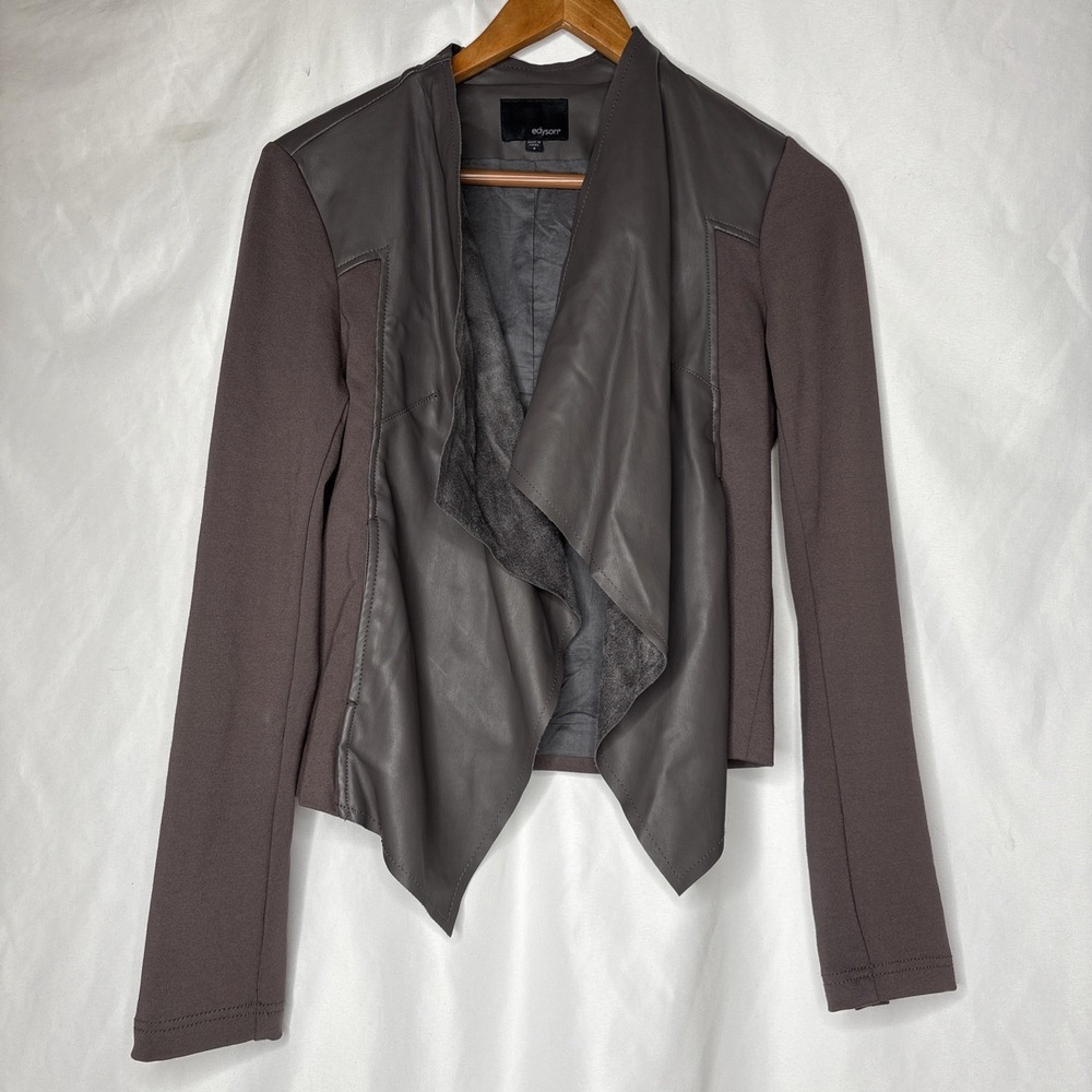 Edyson Women's S Gray Maisha Ponte Faux Leather Draped Open Front Jacket‎